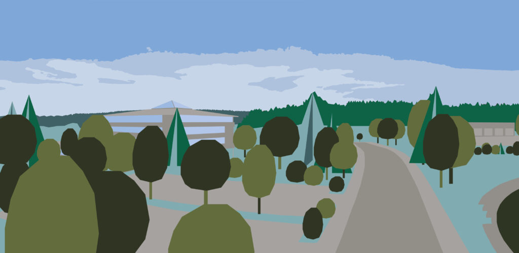 Das Bild zeigt eine stilisierte Landschaft mit einem modernen Gebäude im Hintergrund. Der Himmel ist blau mit einigen Wolken. Im Vordergrund sind verschiedene Bäume und Büsche in Grüntönen dargestellt. Ein Weg führt durch die Landschaft, die von einem Wald umgeben ist. Die Darstellung ist in einem einfachen, grafischen Stil gehalten.